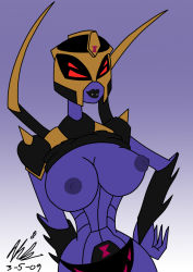 Rule 34 | 1girl, blackarachnia, breasts, clothes lift, female focus, gradient background, highres, large breasts, mecha musume, nipples, shirt lift, solo, transformers, transformers animated