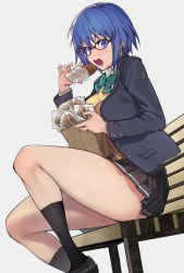 Rule 34 | 1girl, bag, bench, black-framed eyewear, black footwear, black jacket, black socks, blue eyes, blue hair, blush, bow, bowtie, bread, breasts, buttons, ciel (tsukihime), collared shirt, commentary, curry bread, eating, food, glasses, green bow, green bowtie, grey skirt, hair between eyes, hareno chiame, highres, holding, holding food, jacket, large breasts, long sleeves, looking at viewer, miniskirt, on bench, open clothes, open mouth, paper bag, pleated skirt, pocket, school uniform, shirt, shoes, short hair, simple background, sitting, skirt, socks, solo, sweatdrop, thighs, tongue, tsukihime, tsukihime (remake), uniform, vest, white background, white shirt, wooden bench, yellow vest