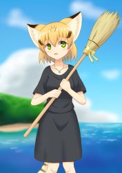Rule 34 | 10s, 1girl, alternate costume, animal ears, bad id, bad pixiv id, black shirt, black skirt, blonde hair, blue sky, blurry, blurry background, broom, cat ears, cat tail, cloud, collarbone, commentary request, cowboy shot, day, extra ears, green eyes, hair between eyes, highres, holding, holding broom, jewelry, kemono friends, looking at viewer, ocean, open mouth, outdoors, pendant, sand cat (kemono friends), shiraha maru, shirt, short hair, skirt, sky, solo, tail
