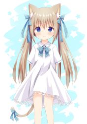 Rule 34 | 1girl, absurdres, animal ears, arms behind back, blue background, blue bow, blue eyes, blush, bow, brown hair, cat ears, cat girl, cat tail, closed mouth, collared shirt, commentary request, diagonal stripes, dress, feet out of frame, hair between eyes, hair bow, highres, long hair, multicolored hair, nakkar, original, shirt, short sleeves, smile, solo, standing, star (symbol), starry background, striped, striped bow, tail, tail bow, tail ornament, twintails, two-tone hair, very long hair, white background, white dress