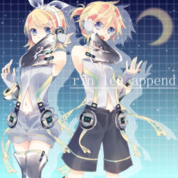 Rule 34 | 1boy, 1girl, arm warmers, blonde hair, blue eyes, brother and sister, character name, cosmos (minori), detached sleeves, grid, hair ornament, hair ribbon, hairclip, headphones, highres, kagamine len, kagamine len (append), kagamine rin, kagamine rin (append), leg warmers, navel, popped collar, ribbon, short hair, shorts, siblings, thighhighs, twins, vocaloid, vocaloid append