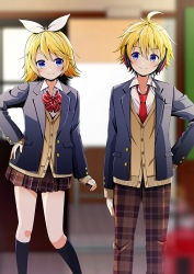 Rule 34 | 1boy, 1girl, ahoge, arm at side, bad id, bad pixiv id, black socks, blazer, blonde hair, blue eyes, blurry, blurry background, bow, bowtie, brother and sister, brown pants, brown skirt, buttons, cardigan, closed mouth, collared shirt, hair between eyes, hair ribbon, headphones, indoors, jacket, kagamine len, kagamine rin, kneehighs, long sleeves, looking at another, miniskirt, necktie, pants, plaid, plaid pants, plaid skirt, pleated skirt, red bow, red bowtie, red necktie, ribbon, school uniform, shirt, siblings, skirt, smile, socks, twins, vocaloid, white ribbon, white shirt, wing collar, yuuka nonoko