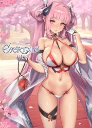 Rule 34 | 1girl, bag, bare shoulders, between breasts, blush, breasts, cherry blossoms, collarbone, commentary request, copyright name, cuboon, day, evertale, gloves, halterneck, hand up, highres, holding, horns, large breasts, logo, long hair, looking at viewer, navel, official art, outdoors, panties, parted lips, petals, pink eyes, pink hair, pointy ears, rei (evertale), shiny skin, sidelocks, simple background, solo, stomach, thigh strap, thighs, tree, twintails, underwear, wide sleeves