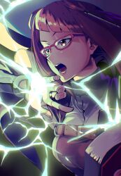 Rule 34 | 1girl, breasts, bridal gauntlets, diagonal bangs, fire emblem, fire emblem awakening, glasses, hair tubes, hat, highres, large breasts, lightning, looking to the side, magic, miriel (fire emblem), nintendo, o-ring, open mouth, red-framed eyewear, red hair, solo, tsujii luki, witch hat