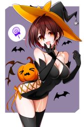 Rule 34 | :d, bare shoulders, bat (animal), black gloves, black hat, black thighhighs, bow, breasts, brown eyes, brown hair, candy, cleavage, elbow gloves, food, gloves, hair between eyes, hand on own chin, hand up, hat, hololive, jack-o&#039;-lantern, leaning forward, lollipop, navel, open mouth, orange bow, roboco-san, short hair, smile, solo, thighhighs, virtual youtuber, witch hat, yodare (3yami8)