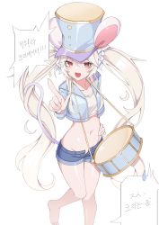 Rule 34 | 1girl, :d, absurdres, animal ears, artist request, barefoot, blue hat, blue jacket, blue shorts, bow, commission, crop top, cropped jacket, drum, dungeon and fighter, groin, hair bow, hand on own hip, hat, highres, index finger raised, instrument, jacket, korean text, lifeff, long hair, looking at viewer, micro shorts, midriff, mouse ears, mouse girl, mouse tail, navel, open clothes, open fly, open jacket, open mouth, red eyes, revealing clothes, second-party source, shirt, short shorts, shorts, smile, solo, speech bubble, stomach, tail, thighs, translation request, twintails, very long hair, white hair, white shirt