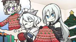 Rule 34 | 2girls, ^ ^, abyssal ship, anzio princess, armor, blue eyes, christmas, christmas ornaments, christmas present, christmas sweater, christmas tree, closed eyes, commentary, commission, enemy aircraft (kancolle), english commentary, european princess, european water princess, gauntlets, gift, gorget, hamu koutarou, hat, highres, holding, imagining, indoors, kantai collection, knitting, kuchiku i-kyuu, long hair, long sleeves, mixed-language commentary, multiple girls, pale skin, pixiv commission, purple eyes, revealing clothes, short hair, sweater, thought bubble, white hair, yarn, yarn ball