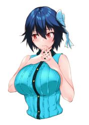 Rule 34 | 1girl, blouse, blue hair, blue shirt, blush, bow, breasts, buttons, closed mouth, collared shirt, hair bow, highres, interlocked fingers, large breasts, looking to the side, mole, mole under eye, murio, nisekoi, own hands together, red eyes, shirt, short hair, simple background, sleeveless, sleeveless shirt, tsugumi seishirou, white background