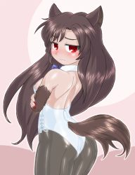 Rule 34 | 1girl, animal ears, ass, black pantyhose, blue bow, blue bowtie, bow, bowtie, brown hair, clothing cutout, cowboy shot, detached collar, embarrassed, fingernails, from behind, imaizumi kagerou, leotard, long fingernails, looking at viewer, nail polish, nontraditional playboy bunny, pantyhose, playboy bunny, red eyes, solo, strapless, strapless leotard, tail, tail through clothes, touhou, white leotard, winn, wolf ears, wolf tail