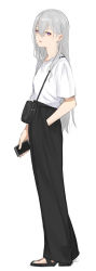 Rule 34 | 1girl, absurdres, alternate costume, alternate hairstyle, black footwear, black pants, breasts, casual, cellphone, commentary, earrings, fanny pack, full body, hair between eyes, hand in pocket, highres, higuchi kaede, holding, holding phone, isshiki (ffmania7), jewelry, lips, long hair, looking at viewer, mole, mole under eye, nijisanji, open mouth, pants, phone, purple eyes, sandals, shirt, short sleeves, silver hair, simple background, small breasts, smartphone, solo, standing, straight hair, t-shirt, virtual youtuber, white background, white shirt