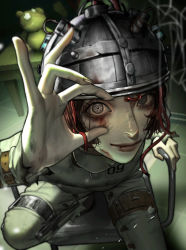 Rule 34 | 1girl, absurdres, blood, blood on face, blurry, blurry background, grey eyes, hand up, helmet, highres, identity v, jpeg artifacts, looking at viewer, pants, seongyu li, solo, thigh strap, tracy reznik