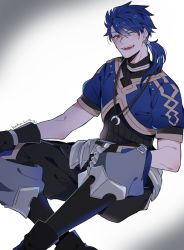 Rule 34 | 1boy, armor, blue hair, crescent, crescent necklace, cropped jacket, cu chulainn (fate), cu chulainn (fate) (all), cu chulainn (fate/prototype), fate/grand order, fate/prototype, fate (series), faulds, gloves, hair between eyes, jewelry, long hair, male focus, namahamu (hmhm 81), necklace, one eye closed, ponytail, red eyes, sitting, solo