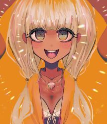 Rule 34 | bikini, blunt bangs, bracelet, breasts, brown background, collarbone, danganronpa (series), danganronpa v3: killing harmony, dark-skinned female, dark skin, frilled bikini, frills, green eyes, highres, jacket, jewelry, long hair, looking at viewer, necklace, open clothes, open jacket, piercing, shell, shell necklace, skirt, small breasts, smile, solo, swimsuit, teeth, upper body, upper teeth only, user xxsv3782, yellow jacket, yonaga angie