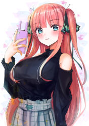 Rule 34 | 1girl, absurdres, bare shoulders, black ribbon, black shirt, blue eyes, blunt bangs, blush, breasts, butterfly hair ornament, cellphone, frilled sleeves, frills, go-toubun no hanayome, grey skirt, hair ornament, highres, hime cut, holding, holding phone, large breasts, long hair, looking at viewer, nakano nino, petals, phone, pink hair, rei (ilust9999), ribbon, shirt, simple background, skirt, smartphone, smile, twintails