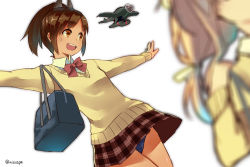 Rule 34 | 10s, 2girls, :d, aircraft, airplane, alternate costume, blurry, brown eyes, brown hair, chig (mizusaki), dark skin, dark-skinned female, depth of field, hair ornament, i-401 (kancolle), i-8 (kancolle), kantai collection, multiple girls, open mouth, out of frame, outstretched arms, plaid, plaid skirt, pleated skirt, ponytail, school swimsuit, school uniform, skirt, smile, spread arms, swimsuit, swimsuit under clothes