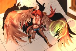 Rule 34 | 1girl, breasts, crazy, feathers, harpy, highres, monster girl, red hair, shadow, sharp teeth, smile, talons, twintails, wings, yellow eyes