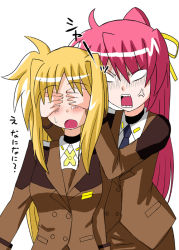 Rule 34 | 00s, 2girls, :o, anger vein, angry, blonde hair, covering another&#039;s eyes, covering own eyes, empty eyes, fate testarossa, long sleeves, lyrical nanoha, mahou shoujo lyrical nanoha, mahou shoujo lyrical nanoha strikers, military, military uniform, multiple girls, open mouth, sawa (artist), sawa (snack yoshie), shaded face, signum, simple background, surprised, uniform, upper body, white background