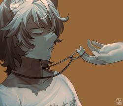 Rule 34 | 1boy, 1other, animal ears, arknights, artist name, bags under eyes, bear boy, bear ears, grey eyes, grey hair, jaye (arknights), jaye (elite ii) (arknights), jewelry, male focus, necklace, ring, ring necklace, shirt, short hair, simple background, sleepy, solo focus, teanao, white shirt