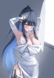 Rule 34 | 1girl, absurdres, armpits, blue archive, blue hair, blush, braid, breasts, choker, cleavage, collarbone, colored inner hair, cowboy shot, dress, elbow gloves, flower, garter straps, gloves, grey eyes, hair flower, hair ornament, highres, holster, large breasts, long hair, moko (jw7436), mouth hold, multicolored hair, no halo, ponytail, saori (blue archive), saori (dress) (blue archive), side slit, sidelocks, solo, strapless, strapless dress, thigh holster, tying hair, very long hair, white dress, white gloves, window