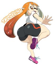 Rule 34 | 1girl, ass, bike shorts, breasts, cameltoe, cleft of venus, highres, huge ass, inkling, inkling girl, inkling player character, large breasts, nintendo, open mouth, orange eyes, pointy ears, shirt, shoes, short sleeves, sinensian, smile, sneakers, solo, splatoon (series), squid girl, tentacle hair, thick thighs, thighs, white background, white shirt