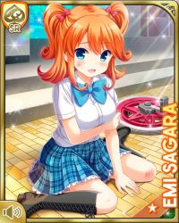 Rule 34 | 1girl, arm under breasts, blue bow, blue eyes, blue skirt, bow, bruise, card (medium), character name, day, girlfriend (kari), hair behind ear, hair ribbon, injury, looking at viewer, official art, open mouth, orange hair, outdoors, plaid, plaid skirt, qp:flapper, red bow, ribbon, sagara emi, school, school uniform, shirt, shoes, sitting, skirt, smile, stairs, tagme, thighhighs, twintails, unicycle, white shirt