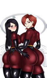 Rule 34 | absurdres, ass, black hair, blush, bodysuit, breasts, brown hair, elastigirl, gloves, helen parr, highres, huge ass, large breasts, looking at viewer, looking back, lordlince, medium breasts, medium hair, purple eyes, red eyes, shiny clothes, short hair, tagme, the incredibles, thick thighs, thighhighs, thighs, thong, tongue, tongue out, touching ass, violet parr