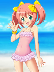 Rule 34 | 1girl, :d, bare shoulders, blush, bow, bracelet, casual one-piece swimsuit, chiffon (sister quest), day, green eyes, hair bow, image sample, jewelry, one-piece swimsuit, open mouth, pink hair, pink one-piece swimsuit, short hair, short twintails, sister quest, sky, smile, solo, swimsuit, takappe, twintails, water, waving, yellow bow