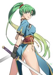 Rule 34 | 1girl, ass, club3, earrings, fingerless gloves, fire emblem, fire emblem: the blazing blade, gloves, green eyes, green hair, high ponytail, highres, jewelry, long hair, looking at viewer, lyn (fire emblem), nintendo, pelvic curtain, ponytail, side slit, simple background, smile, solo, sword, weapon, white background