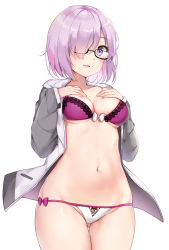 Rule 34 | 1girl, :d, alternate costume, blush, bow, bra, breasts, collarbone, commentary request, cowboy shot, douya (233), fate/grand order, fate (series), front-hook bra, glasses, gluteal fold, groin, hair over one eye, hands on own chest, highres, jacket, long sleeves, looking at viewer, mash kyrielight, medium breasts, navel, open clothes, open jacket, open mouth, panties, parted lips, pink bow, pink bra, pink eyes, pink hair, semi-rimless eyewear, shiny skin, short hair, simple background, skindentation, sleeves past wrists, smile, solo, standing, stomach, string panties, striped clothes, striped panties, thigh gap, thighs, track jacket, under-rim eyewear, underwear, white background, white bow, white jacket, white panties