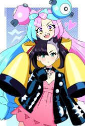 asymmetrical_bangs black_choker black_jacket bow-shaped_hair character_hair_ornament choker dress hair_ornament iono_(pokemon) jacket marnie_(pokemon) nico-neko oversized_clothes pink_dress pokemon pokemon_sv pokemon_swsh sharp_teeth teeth yellow_jacket