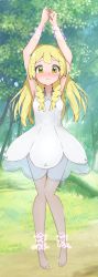 Rule 34 | 1girl, arms up, bare arms, barefoot, blonde hair, blush, braid, closed mouth, collared dress, commentary, creatures (company), day, dress, eyelashes, frown, full body, game freak, grass, green eyes, highres, knees together feet apart, lillie (pokemon), long hair, nintendo, outdoors, pantyhose, pokemon, pokemon sm, raised eyebrows, see-through, sleeveless, sleeveless dress, solo, sundress, tree, twin braids, white dress, yuzukiaz