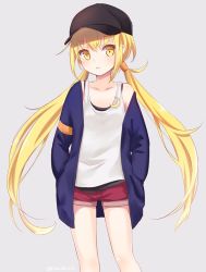 Rule 34 | 10s, 1girl, adapted costume, alternate costume, bare legs, bare shoulders, baseball cap, black hat, blonde hair, collarbone, cowboy shot, crescent, crescent pin, denim, flat chest, grey background, hair tubes, hands in pockets, hat, head tilt, ica, jacket, jacket off shoulders, jeans, kantai collection, legs together, long hair, long sleeves, looking at viewer, low twintails, off shoulder, pants, red shorts, satsuki (kancolle), satsuki kai ni (kancolle), shirt, short shorts, shorts, simple background, sleeveless, solo, standing, tank top, twintails, white shirt, yellow eyes