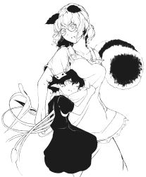 Rule 34 | 2girls, absurdres, animal ears, asymmetrical wings, borrowed design, dress, frilled dress, frills, futatsuiwa mamizou, glasses, greyscale, hi you (flying bear), highres, houjuu nue, japanese clothes, leaf, leaf on head, monochrome, multiple girls, open mouth, pointy ears, raccoon ears, raccoon tail, short dress, short hair, short sleeves, skirt, tail, touhou, wings