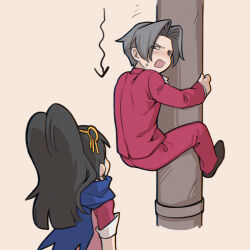 Rule 34 | 1boy, 1girl, ace attorney, ace attorney investigations, ace attorney investigations: miles edgeworth, annoyed, arrow (symbol), black hair, blue scarf, formal, from behind, grey hair, highres, kay faraday, key hair ornament, long hair, looking back, miles edgeworth, open mouth, parted bangs, pink background, pink shirt, pole, ponytail, red suit, scarf, shirt, short hair, simple background, sleeves rolled up, sliding, staring, suit, youki lee