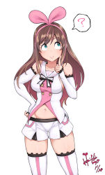 Rule 34 | 1girl, ?, bare shoulders, blue eyes, blush, bow, bowtie, breasts, brown hair, collarbone, elbow gloves, finger to cheek, gloves, hand on own hip, highres, hori shin, idol, kizuna ai, kizuna ai inc., long hair, looking up, medium breasts, multicolored hair, navel, pink hair, shirt, short shorts, shorts, sideboob, sleeveless, sleeveless shirt, smile, solo, standing, stomach, streaked hair, thighhighs, thought bubble, two-tone hair, virtual youtuber, white thighhighs