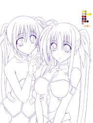 Rule 34 | 00s, 2girls, armlet, bare shoulders, blush, bodysuit, breasts, cleavage, fate testarossa, large breasts, looking at viewer, lyrical nanoha, magical girl, mahou shoujo lyrical nanoha, mahou shoujo lyrical nanoha strikers, monochrome, multiple girls, own hands together, purple theme, sidelocks, simple background, skin tight, takamachi nanoha, twintails, white background