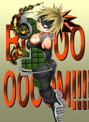 Rule 34 | 10s, 1girl, adahcm, ass, bakugou katsuki, bare shoulders, blonde hair, bodysuit, boku no hero academia, boots, breasts, cleavage, crazy, crazy eyes, crazy smile, elbow gloves, female focus, fire, from behind, genderswap, genderswap (mtf), gloves, grin, highres, large breasts, long hair, looking at viewer, matching hair/eyes, multicolored hair, orange eyes, orange hair, pants, ponytail, shiny clothes, shiny skin, sideboob, smile, solo, spiked hair, tight clothes, tight pants