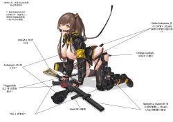 Rule 34 | 1girl, 404 logo (girls&#039; frontline), absurdres, all fours, ball gag, bdsm, black gloves, breasts, breasts out, brown hair, chinese text, collar, commission, cuffs, fingerless gloves, gag, girls&#039; frontline, gloves, gun, h&amp;k ump, hair between eyes, handcuffs, highres, hood, hood down, hooded jacket, jacket, large breasts, leash, looking at viewer, nipples, one side up, restrained, sawkm, scar, scar across eye, scar on face, second-party source, shirt, simple background, skirt, slave, solo, submachine gun, ump45 (girls&#039; frontline), user krjm4832, weapon, white shirt, yellow eyes