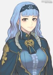 Rule 34 | 1girl, blue hair, blush, breasts, brown eyes, cape, closed mouth, dress, fire emblem, fire emblem: three houses, fire emblem warriors, fire emblem warriors: three hopes, gofelem, headband, large breasts, long hair, long sleeves, looking at viewer, marianne von edmund, nintendo, simple background, smile, solo, upper body