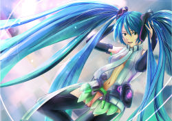 Rule 34 | 1girl, arms up, bad id, bad pixiv id, blue hair, bridal gauntlets, dezuko, green eyes, hatsune miku, hatsune miku (append), highres, long hair, navel, necktie, no panties, reki (dezuko), smile, solo, thighhighs, twintails, very long hair, vocaloid, vocaloid append