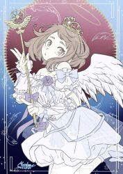 Rule 34 | 1girl, angel, angel wings, artist name, boku no hero academia, bridal gauntlets, brown eyes, brown hair, chestnut mouth, dated, dress, feathered wings, feathers, flower, from side, halo, holding, holding staff, leg up, looking at viewer, morishima noriko, purple flower, short hair, signature, solo, staff, thick eyebrows, tiara, uraraka ochako, white dress, white wings, wings