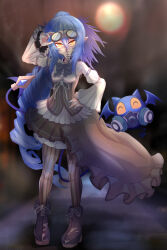 Rule 34 | 1girl, black footwear, black skirt, blue hair, blue nails, blurry, blurry background, bombergirl, boots, bow, bowtie, breasts, commentary request, creature, demon tail, drill hair, drill ponytail, fingernails, full body, gas mask, goggles, goggles on head, grey bow, grey bowtie, grey pantyhose, grey vest, hair between eyes, high ponytail, highres, lewisia aquablue, long bangs, long hair, long sleeves, mask, pantyhose, plague doctor mask, shiro beer, shirt, skirt, small breasts, solo, standing, striped clothes, striped pantyhose, striped vest, tail, vertical-striped clothes, vertical-striped pantyhose, vertical-striped vest, very long hair, vest, white shirt, wide sleeves
