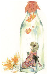 Rule 34 | 1girl, bottle, cup, flower, in container, japanese clothes, kimono, mini person, minigirl, painting (medium), sitting, solo, tea, traditional media, uko (artist), watercolor (medium), yufushi