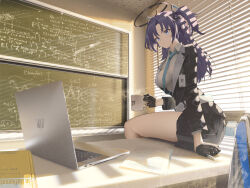 Rule 34 | 1girl, absurdres, aqua necktie, arm support, bare legs, black gloves, black jacket, black skirt, blazer, blue archive, blue eyes, breasts, chalkboard, computer, desk, gloves, halo, highres, id card, indoors, jacket, laptop, long hair, looking at object, math, medium breasts, necktie, on desk, purple hair, shirt, sitting, skirt, solo, steam, susukawa (susucawa), two side up, very long hair, white shirt, window blinds, yuuka (blue archive)
