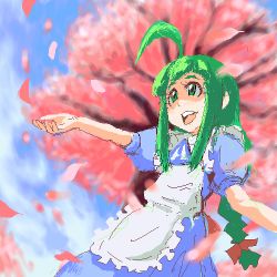 Rule 34 | 1girl, ahoge, aliasing, apron, artist request, blurry, braid, cherry blossoms, commentary request, depth of field, falling petals, green eyes, green hair, lowres, maid apron, me-tan, os-tan, outdoors, petals, puffy short sleeves, puffy sleeves, short sleeves, smile, solo, tree