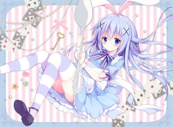 Rule 34 | 1girl, alice (alice in wonderland), alice (alice in wonderland) (cosplay), alice in wonderland, animal ears, apron, bad id, bad pixiv id, black footwear, blue bow, blue bowtie, blue dress, blue eyes, blue hair, bow, bowtie, breasts, card, closed mouth, club (shape), collar, commentary request, cosplay, detached collar, diamonds (playing card), dress, fake animal ears, food, framed, frilled apron, frilled dress, frills, full body, gem, gochuumon wa usagi desu ka?, hair ornament, hairband, hairclip, heart, hearts (playing card), holding, holding spoon, izuminanase, kafuu chino, light blue hair, long hair, looking at viewer, macaron, mary janes, oversized object, pearl (gemstone), pink ribbon, playing card, rabbit ears, ribbon, shoes, sidelocks, small breasts, solo, spade (shape), spoon, star (symbol), striped background, striped bow, striped bowtie, striped clothes, striped neckwear, striped thighhighs, thighhighs, thighs, two-tone background, upskirt, vertical stripes, white apron, white collar, white hairband, x hair ornament