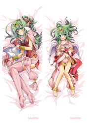 Rule 34 | 1girl, :d, age comparison, anklet, armor, barefoot, blush, bracelet, breasts, cape, child, cleavage, dakimakura (medium), dress, dual persona, fire emblem, fire emblem: mystery of the emblem, fire emblem awakening, garter straps, gloves, green eyes, green hair, hair ornament, hair ribbon, highres, jewelry, kagura takeshi, long hair, lying, multiple views, necklace, nintendo, open mouth, pendant, pink thighhighs, pointy ears, ponytail, ribbon, sash, short dress, side slit, smile, thighhighs, tiki (adult) (fire emblem), tiki (fire emblem), tiki (young) (fire emblem), wings