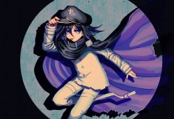 Rule 34 | 1boy, arm up, black hair, black hat, buttons, cape, danganronpa (series), danganronpa v3: killing harmony, double-breasted, esu (tasoesu), foot out of frame, hair between eyes, hat, highres, jacket, long sleeves, male focus, oma kokichi, pants, peaked cap, purple eyes, purple hair, short hair, smile, solo, tongue, tongue out, torn cape, torn clothes, two-sided cape, two-sided fabric, white jacket, white pants