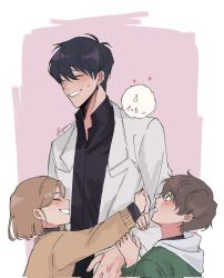 Rule 34 | 1girl, 2boys, black hair, black shirt, blush, brown hair, brown sweater, child, closed eyes, collared shirt, commentary, creature, english commentary, hair between eyes, heart, highres, holding another&#039;s arm, hug, jacket, kim dokja, lee gilyoung, long sleeves, looking at another, medium hair, multiple boys, omniscient reader&#039;s viewpoint, open clothes, open jacket, open mouth, pink background, shin yoosung, shirt, short hair, simple background, sweater, upper body, white jacket, yuugji