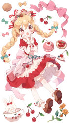 Rule 34 | 1girl, animal, back bow, blonde hair, blush, bow, braid, brown eyes, buchi (y0u0ri ), cherry, cherry hair ornament, cookie, cup, dress, earrings, flower, food, food-themed hair ornament, frilled sailor collar, frilled sleeves, frills, fruit, full body, hair bow, hair ornament, hair ribbon, hands on own cheeks, hands on own face, highres, jewelry, long hair, looking at viewer, macaron, nail polish, open mouth, original, rabbit, ribbon, sailor collar, shoe soles, short sleeves, socks, solo, tart (food), teacup, twin braids, very long hair, whipped cream, wrist cuffs